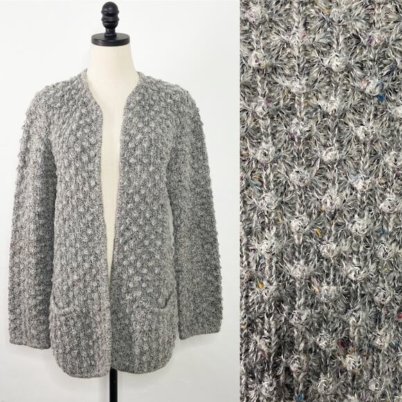 Vintage Le Roy Pom Pom Knit Cardigan Gray Wool Open Front Preppy Twee Size L - Picture 10 of 10